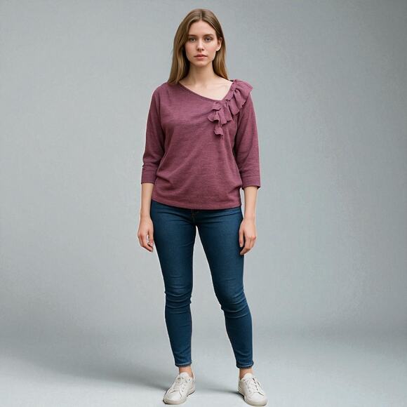 Knitted & Knotted Wool Ruffle Detail 3/4 Sleeve Sweater Top, Size S, Purple - Picture 2 of 13